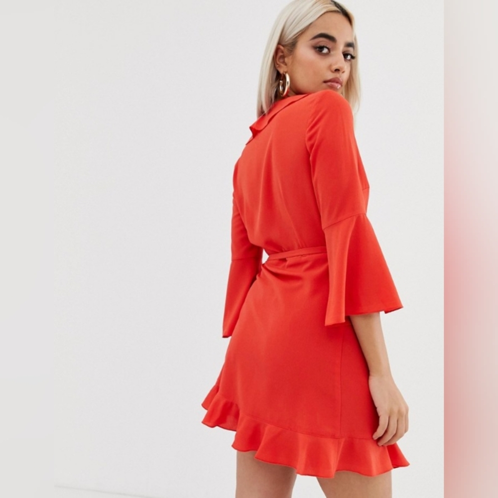 NWT ASOS Outrageous Fortune Neon Red/Orange Ruffle Wrap Dress Women's Size 4 - Picture 3 of 8